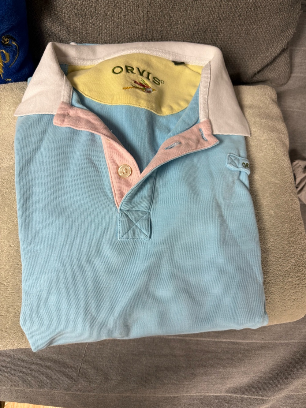 Orvis Light Blue Polo with Pink Placket and White Collar